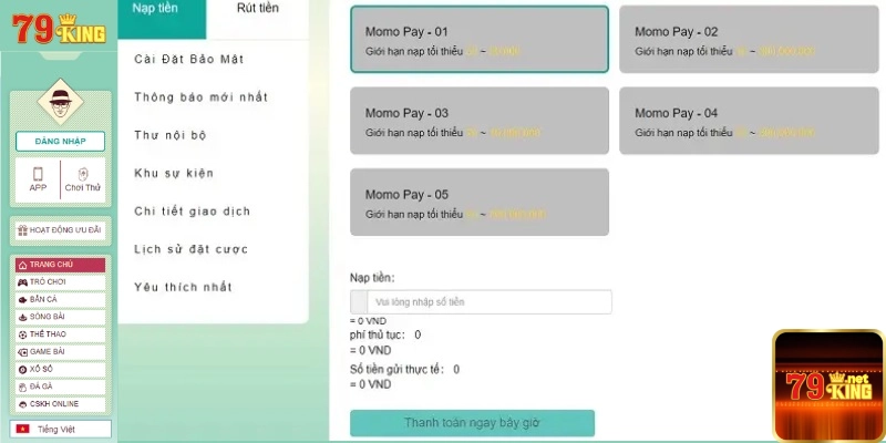 Chia sẻ cách gửi tiền 79king qua ví điện tử