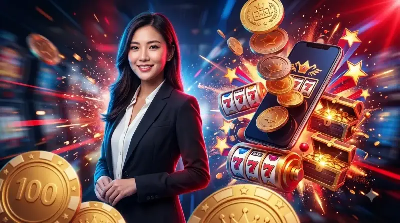 Sòng bạc sang trọng với máy slot phát sáng và hiệu ứng jackpot